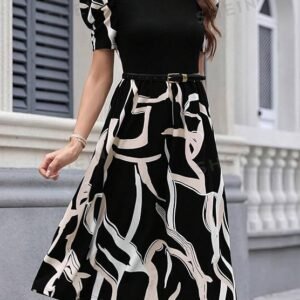 Shein Abstract Print Puff Sleeve Midi Dress – High Neck Contrast Panel Dress, Size S