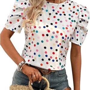 Shein Polka Dot Puff Sleeve Blouse – White Multicolor Print Top, Size M