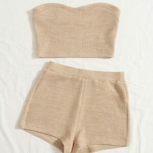 SHEIN Beige Ribbed Knit Tube Top & Shorts Lounge Set – 2 Piece Co-ord (XS)