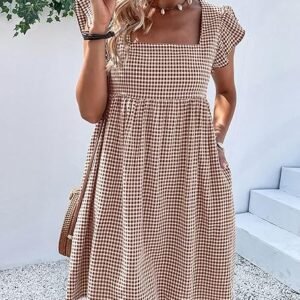 SHEIN Brown Gingham Ruffle Sleeve Babydoll Dress – Size XL