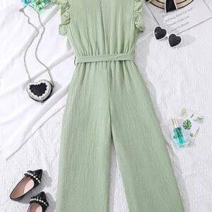 Shein Girls' Ruffle Sleeve Belted Jumpsuit – Light Green One-Piece Outfit, Size 11–12 Years