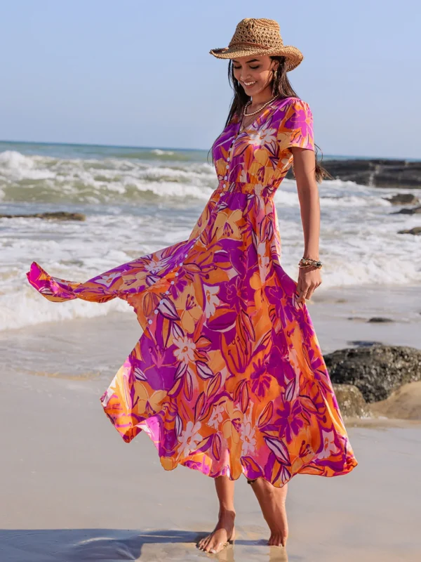 Shein Tropical Button-Front Maxi Dress – Orange & Purple Beach Vacation Dress, Size M