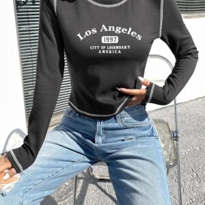 Shein Women's Black Waffle Knit Long Sleeve Crop Top Size M