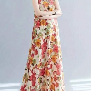 logiFirst M Floral Sleeveless Maxi Dress – Elegant Boho Cotton Blend for Summer