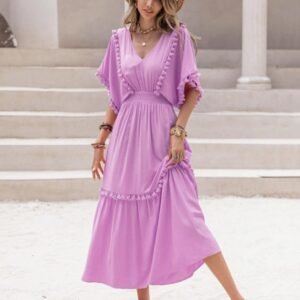 Shein Lavender Pom-Pom Trim Maxi Dress – Flowy Boho Beach Dress, Size M