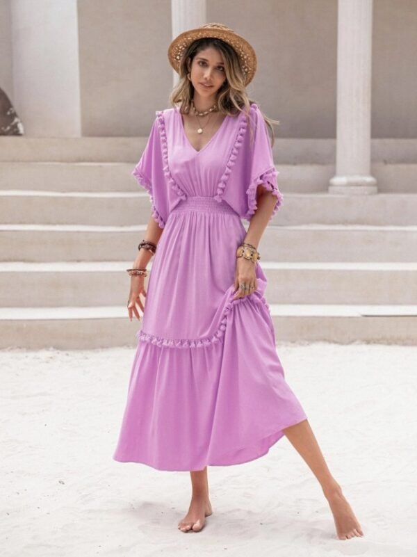 Shein Lavender Pom-Pom Trim Maxi Dress – Flowy Boho Beach Dress, Size M