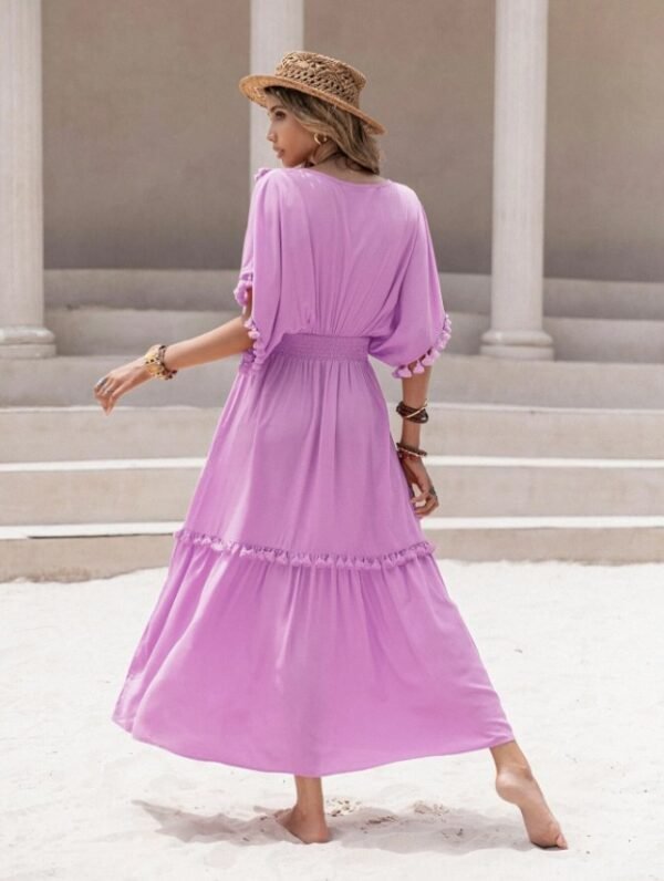 Shein Lavender Pom-Pom Trim Maxi Dress – Flowy Boho Beach Dress, Size M