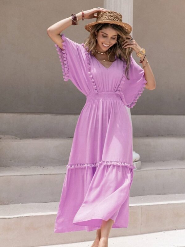 Shein Lavender Pom-Pom Trim Maxi Dress – Flowy Boho Beach Dress, Size M
