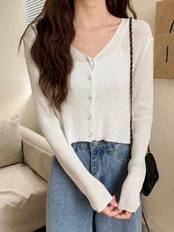 Dazy White Pearl‑Button Ribbed Cardigan – Size M, Chic Layering Knit