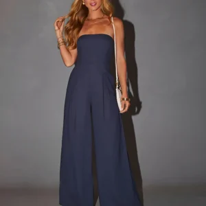 Women’s Navy Blue Strapless Wide-Leg Jumpsuit – SizeM Elegant Tube Style