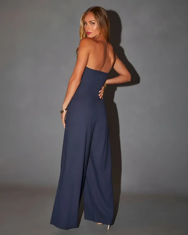 Women’s Navy Blue Strapless Wide-Leg Jumpsuit – SizeM Elegant Tube Style