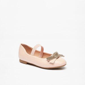 Juniors' Pink Patent Ballerina Flats with Glitter Bow & Elastic Strap Size 27