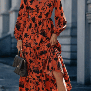 Shein Plus‑Size Orange & Black Floral Maxi Dress – V‑Neck, Long Sleeve (4XL)