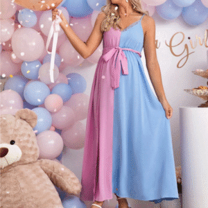 Shein Colorblock Maternity Maxi Dress – Pink & Blue, XXL, Front Slit, Belted V‑Neck