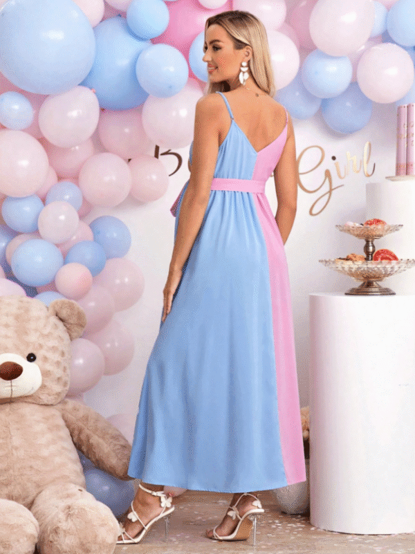 Shein Colorblock Maternity Maxi Dress – Pink & Blue, XXL, Front Slit, Belted V‑Neck
