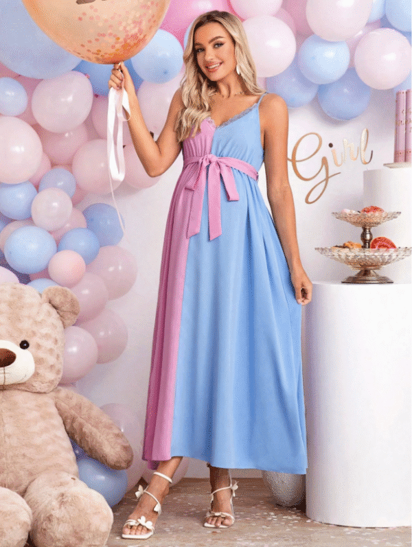 Shein Colorblock Maternity Maxi Dress – Pink & Blue, XXL, Front Slit, Belted V‑Neck
