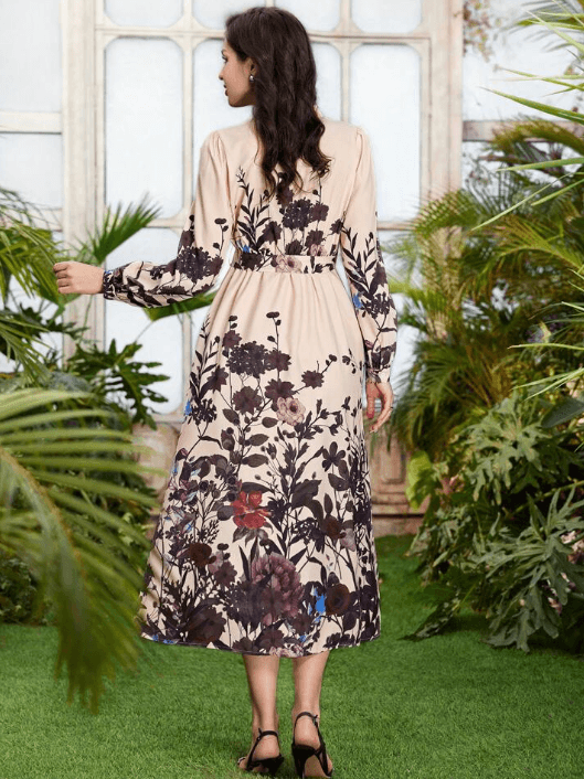 SHEIN Women’s Belted Long Sleeve Floral Midi Dress – Beige, Size S