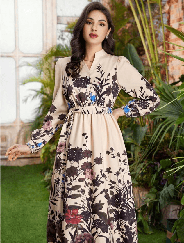 SHEIN Women’s Belted Long Sleeve Floral Midi Dress – Beige, Size S