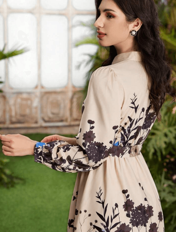 SHEIN Women’s Belted Long Sleeve Floral Midi Dress – Beige, Size S