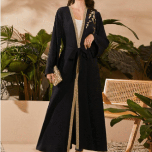 SHEIN Women’s Embroidered Open-Front Black Abaya with Belt – Size L