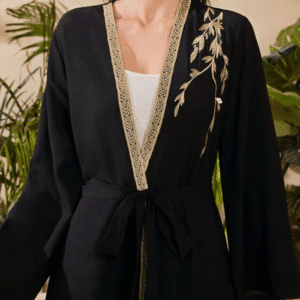 SHEIN Women’s Embroidered Open-Front Black Abaya with Belt – Size L
