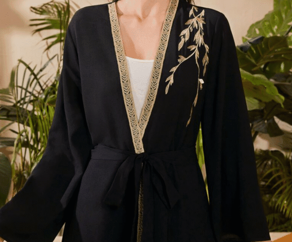 SHEIN Women’s Embroidered Open-Front Black Abaya with Belt – Size L