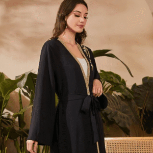 SHEIN Women’s Embroidered Open-Front Black Abaya with Belt – Size L
