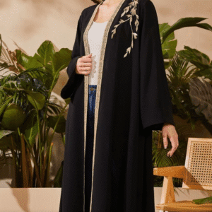 SHEIN Women’s Embroidered Open-Front Black Abaya with Belt – Size L