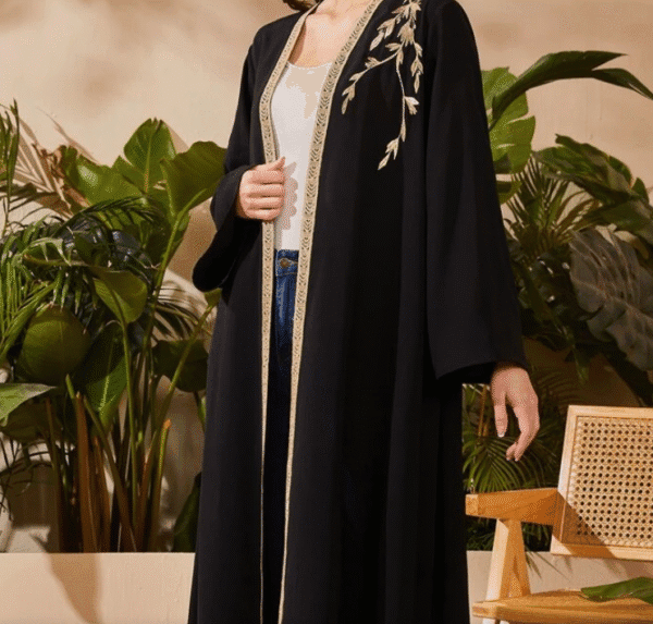 SHEIN Women’s Embroidered Open-Front Black Abaya with Belt – Size L
