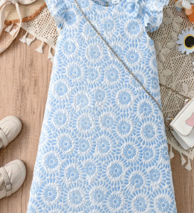 SHEIN Girls’ Floral Embroidered Ruffle Sleeve Dress – Blue & White, Size 11–12Y