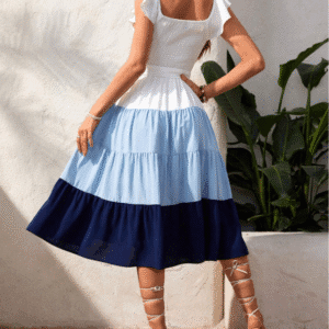 SHEIN VCAY Women's Color Block Vacation Dress – Spring Square Neckline Midi with Waistband , Size S