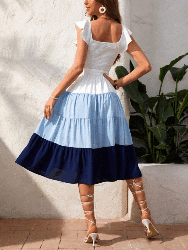 SHEIN VCAY Women's Color Block Vacation Dress – Spring Square Neckline Midi with Waistband