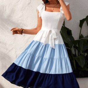 SHEIN VCAY Women's Color Block Vacation Dress – Spring Square Neckline Midi with Waistband , Size S