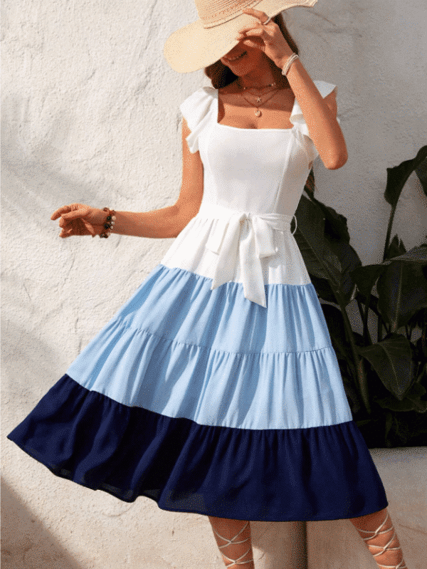 SHEIN VCAY Women's Color Block Vacation Dress – Spring Square Neckline Midi with Waistband