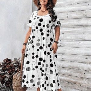 Shein Plus‑Size 3XL White & Black Polka Dot Midi Dress – Summer A‑Line Casual Maxi