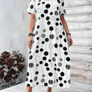 Shein Plus‑Size 3XL White & Black Polka Dot Midi Dress – Summer A‑Line Casual Maxi