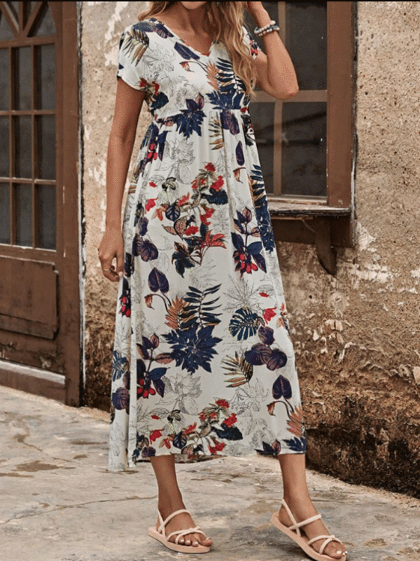 Shein XL Tropical Floral Print V‑Neck Midi Dress – Boho Summer Maxi