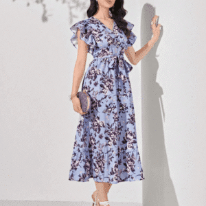 Shein M Sky‑Blue Floral Flutter Sleeve Midi Dress – Elegant Tie‑Waist Holiday Dress