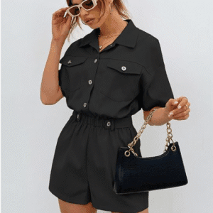 SHEIN Women’s Black Utility Button-Up Short Sleeve Romper – Size L