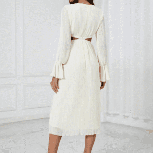 SHEIN Women’s Pleated Long Sleeve Cutout Midi Dress – Ivory White, Size L