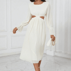 SHEIN Women’s Pleated Long Sleeve Cutout Midi Dress – Ivory White, Size L