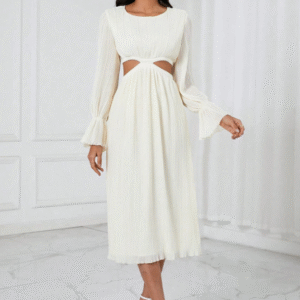 SHEIN Women’s Pleated Long Sleeve Cutout Midi Dress – Ivory White, Size L