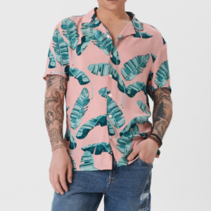 Sinsay Men’s Tropical Leaf Print Short Sleeve Shirt – Pink & Green, Size XL