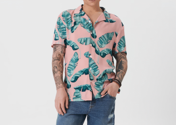 Sinsay Men’s Tropical Leaf Print Short Sleeve Shirt – Pink & Green, Size XL