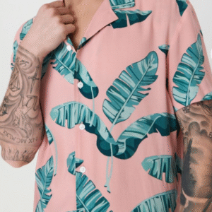 Sinsay Men’s Tropical Leaf Print Short Sleeve Shirt – Pink & Green, Size XL