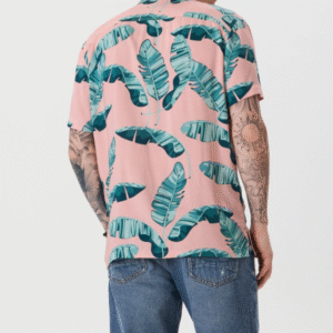 Sinsay Men’s Tropical Leaf Print Short Sleeve Shirt – Pink & Green, Size XL