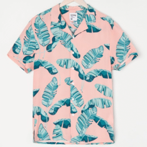 Sinsay Men’s Tropical Leaf Print Short Sleeve Shirt – Pink & Green, Size XL