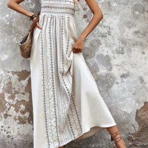 SHEIN Women’s Beige Boho Embroidered Spaghetti Strap Maxi Dress – Size S