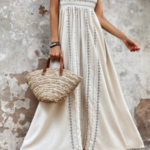 SHEIN Women’s Beige Boho Embroidered Spaghetti Strap Maxi Dress – Size S