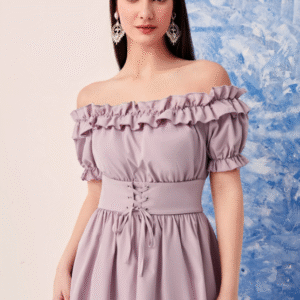 SHEIN Women’s Off-Shoulder Ruffle Corset Waist Midi Dress – Lavender, Size M